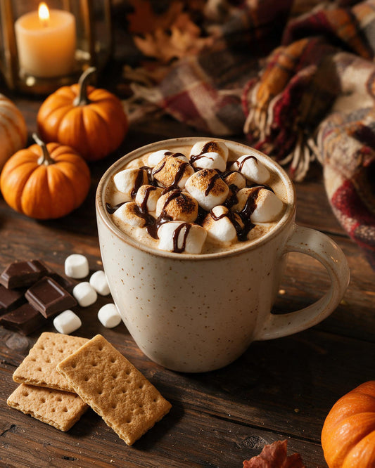 S'mores coffee topped with toasted marshmallows and chocolate