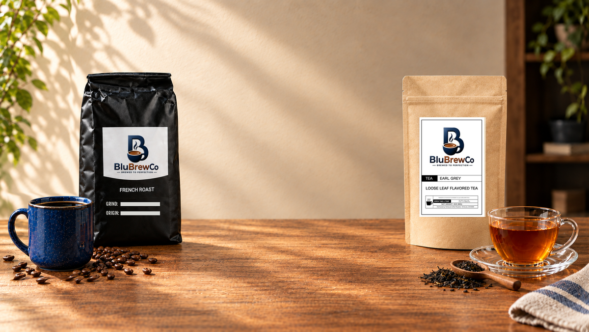 BluBrewCo French Roast coffee and Earl Grey tea with coffee mug and brewed tea in warm natural sunlight