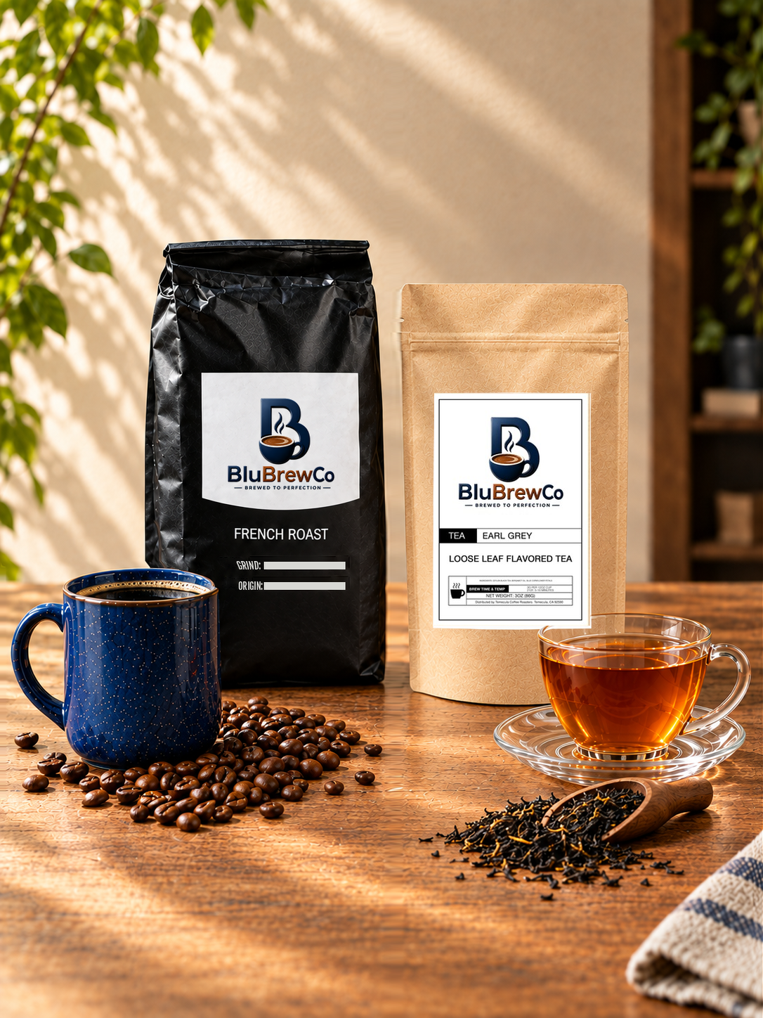 BluBrewCo French Roast coffee and Earl Grey tea with coffee mug and brewed tea in warm natural sunlight