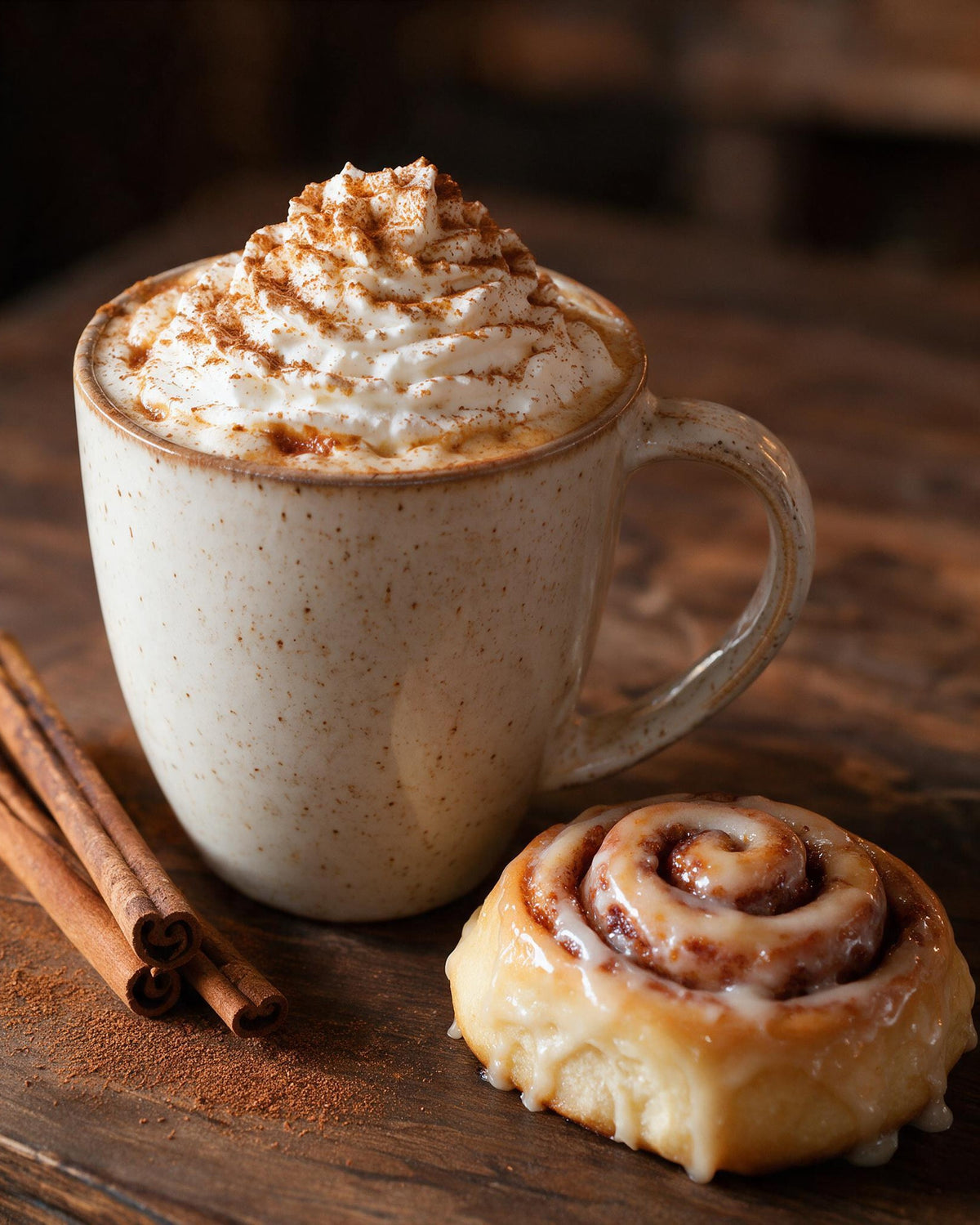 Cinnabun maple cream coffee with a cinnamon roll