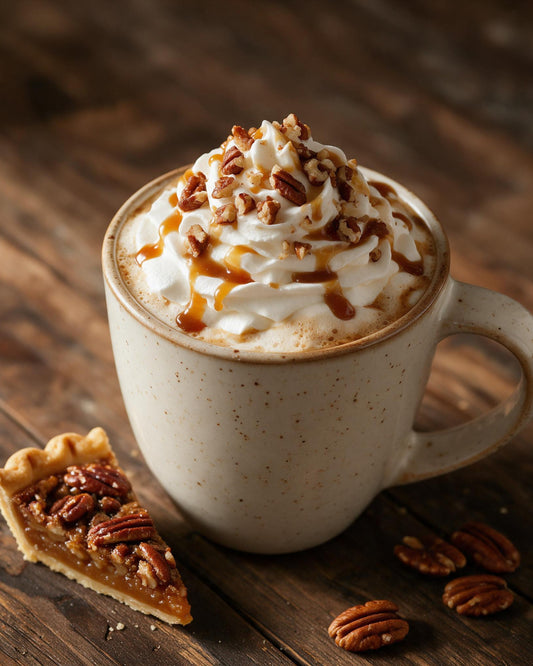 Pecan Pie latte with caramel drizzle, pecans and a slice of pecan pie
